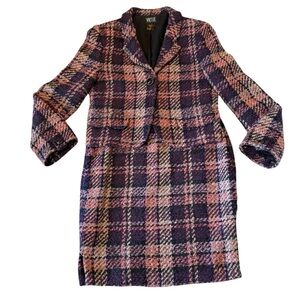 VTG‎ Wool Blend 2-Pc Suit Lined Pink, Purple, Cream Plaid 1-Button Jacket SZ-10
